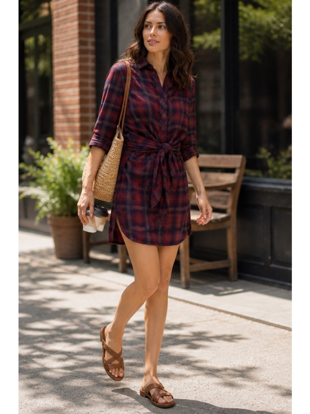 NWT Rag & Bone Felicity Plaid Tie Waist Shirt Dress Burgundy/Blue/Grey Size XS
